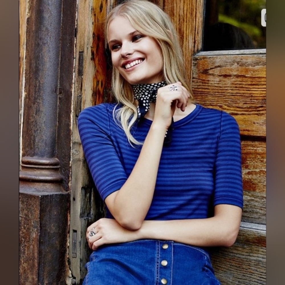 Free People Navy Striped Short Sleeve Tee